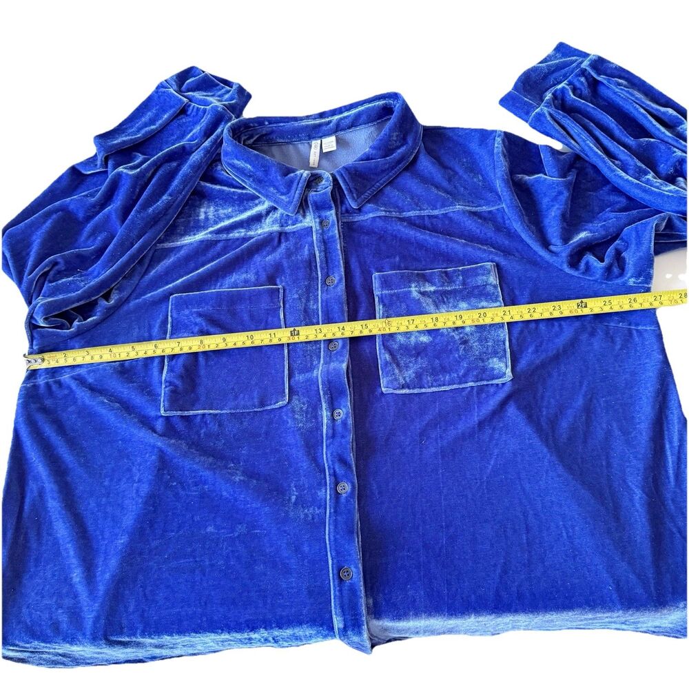 Cato Shirt Long Sleeve Button Up Velour Crushed Velvet Blouse Blue 22/24W 3X - Picture 2 of 16
